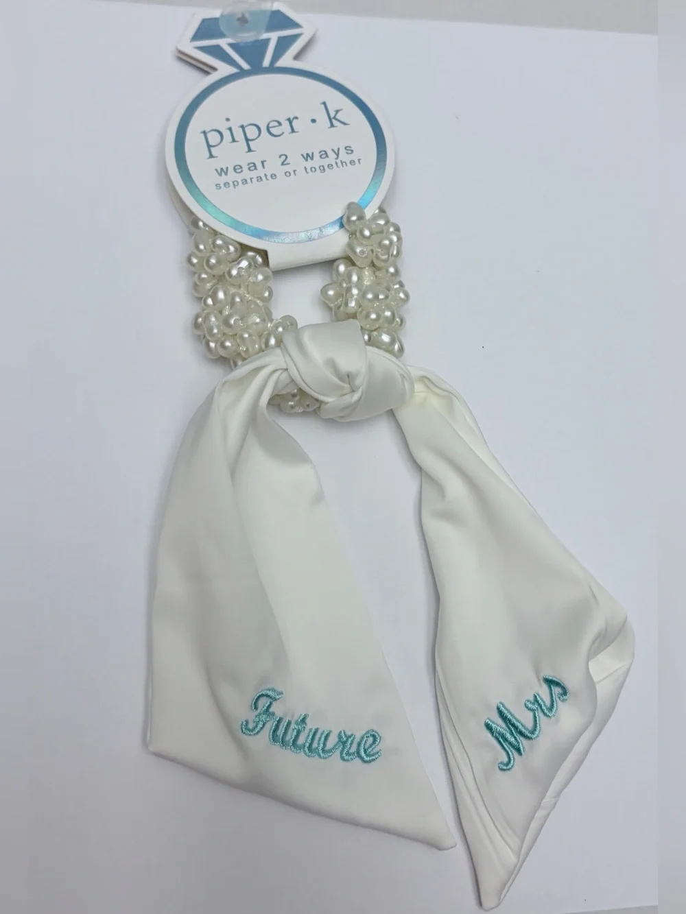 NWT ⚜️🩵⚜️ Piper K Beaded Scrunchie & Bow Ribbon Tails Wedding Future Mrs.